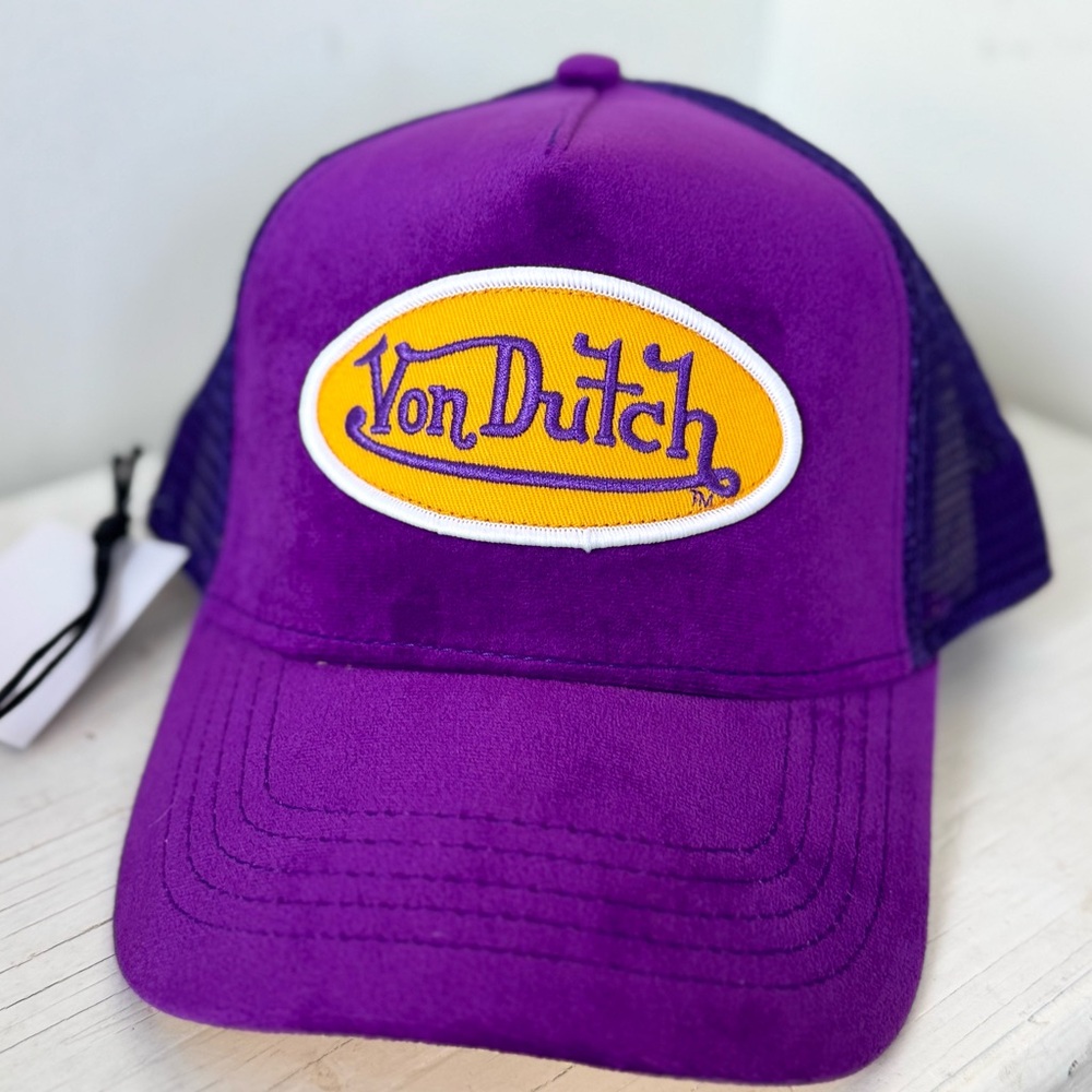 NWT Von Dutch Dark Purple VELEVET Trucker Hat with Yellow logo patch - SnapBack